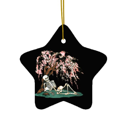 Skeleton in Repose Under a Cherry Blossom Tree Ceramic Ornaments