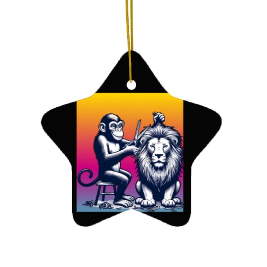 Monkey Barber Gives Lion a Trim Ceramic Ornaments