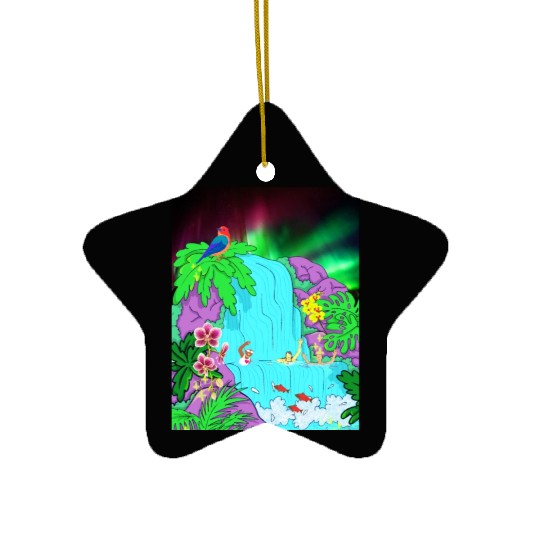 Northern Lights Waterfall Serenity with Swimmers Ceramic Ornaments