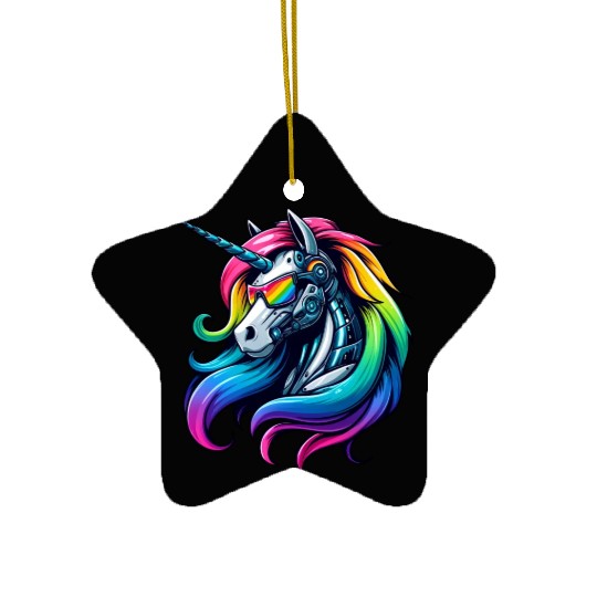 Cool Cyborg Unicorn Rainbow Ceramic Ornaments