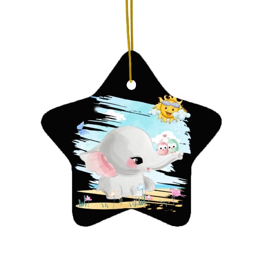 Elephant Walking At Beach With 2 Birds Friends Ceramic Ornaments