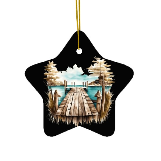 Wooden Dock By A Peaceful Lake Ceramic Ornaments