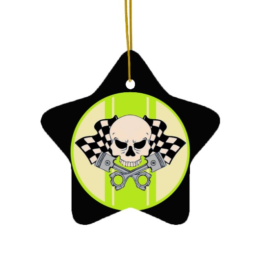 Light green racing stripe with skull and pistons Ceramic Ornaments