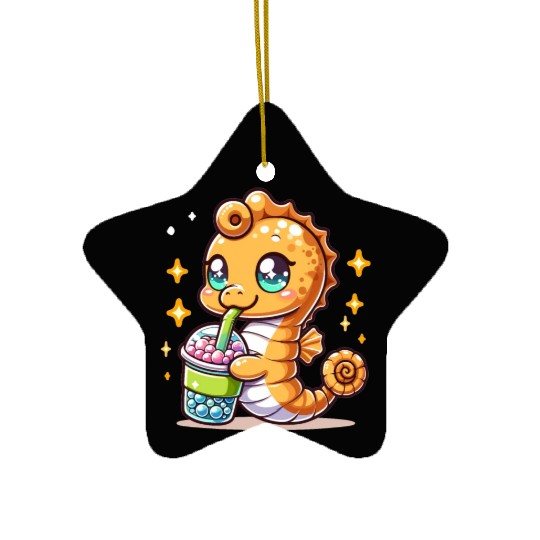 Kawaii Sea Horse Enjoys Bubble Tea Sea Animal Boba Ceramic Ornaments