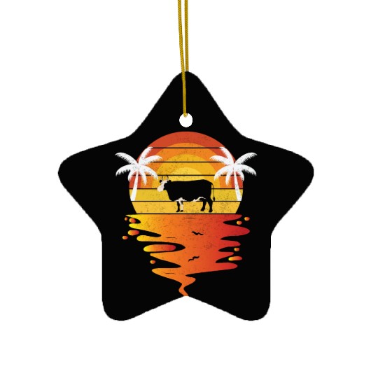 Sunset Cow and Palm Tree Scene Ceramic Ornaments