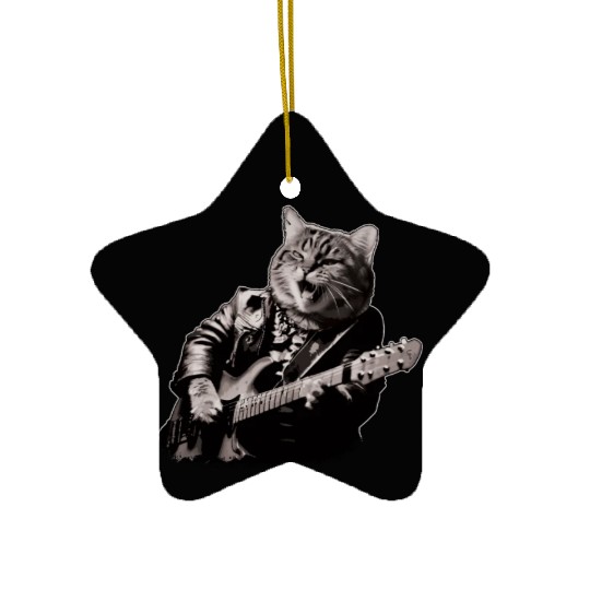 Rocker Cat Playing Guitar Instruments Meow Ceramic Ornaments