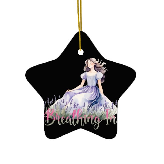 Girl in Lavender Dress Relaxing in Flower Field Ceramic Ornaments