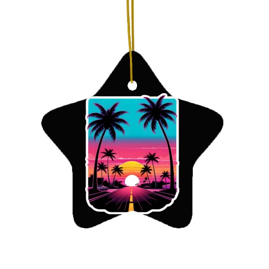 Lonely Road to Miami Sunset Vaporwave 80s Ceramic Ornaments