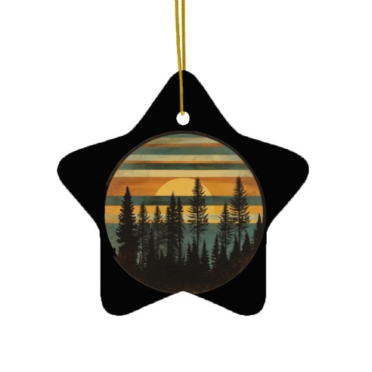Sunset Forest Nature Outdoors Retro 80s Vibe 3 Ceramic Ornaments