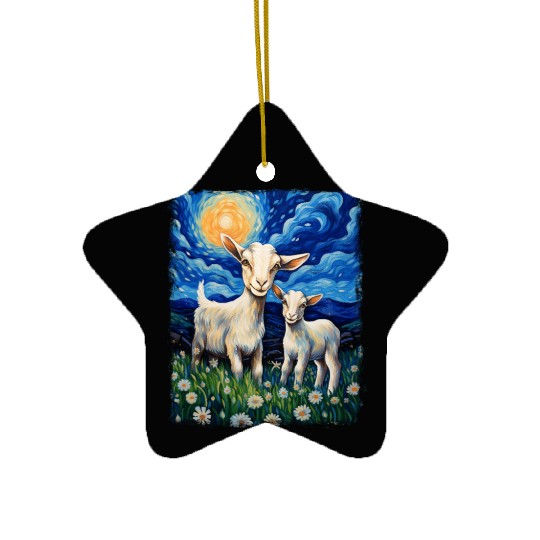 Goats Farm Animals Farmer Starry Night Painting Ceramic Ornaments