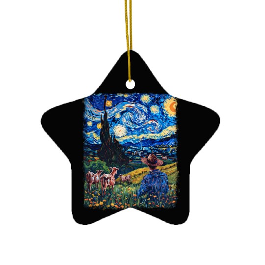 Cow Farmer Farming Farm Starry Night Painting Ceramic Ornaments