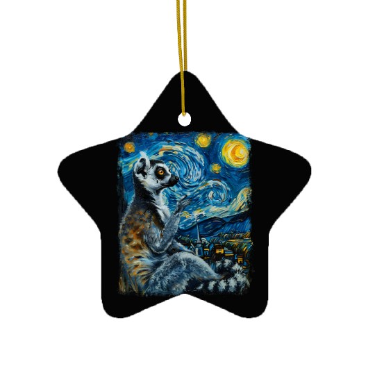 Lemur Ring Tailed Starry Night Painting Ceramic Ornaments