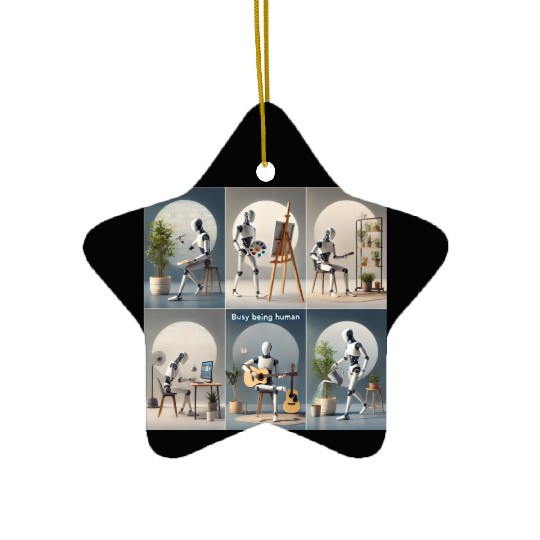 Robot Busy Being Human Ceramic Ornaments