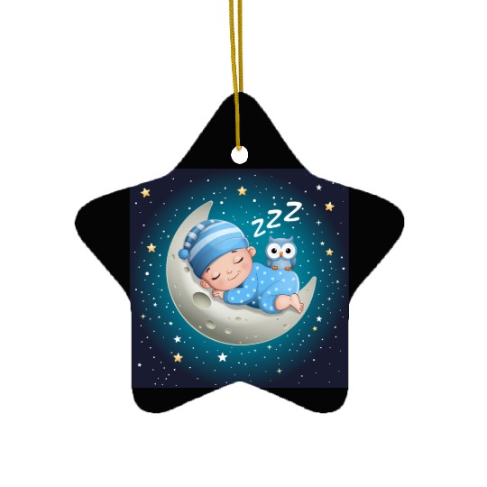 Sleeping baby on the moon with owl. Ceramic Ornaments