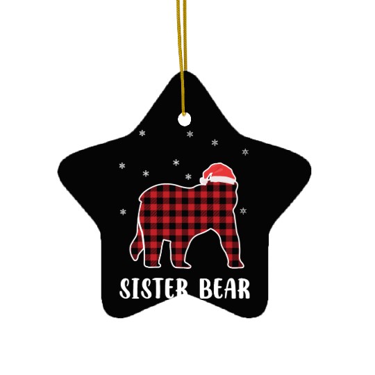 Red Plaid Bear Christmas Pajama Sister Matching Ceramic Ornaments