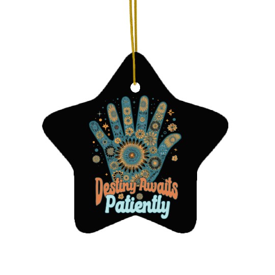SAYING: Destiny awaits patiently, retro palm, sun Ceramic Ornaments