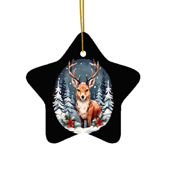 Christmas Deer with Poinsettia and Snow Ceramic Ornaments