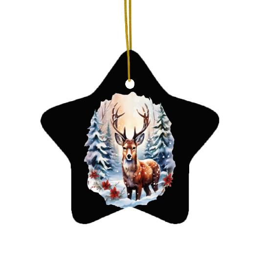 Christmas Deer with Poinsettia and Snow Ceramic Ornaments