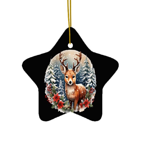 Christmas Deer with Poinsettia and Snow Ceramic Ornaments