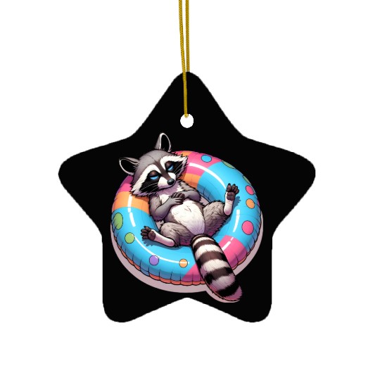 A relaxed raccoon on a swimming ring Ceramic Ornaments