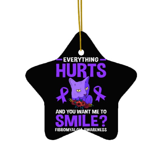 Everything Hurts Cat Purple Ribbon Fibro Awareness Ceramic Ornaments