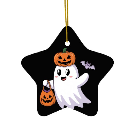 Cute Halloween Ghost with Pumpkin and Bat Ceramic Ornaments