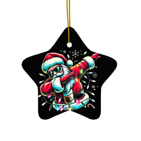 Dabbing Santa with Christmas Lights and Snowflakes Ceramic Ornaments