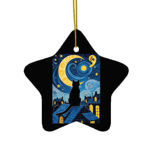 Halloween Starry Night Black Cat Comma La Harris Ceramic Ornaments
