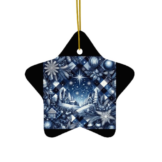 flannel blue and white christmas Ceramic Ornaments