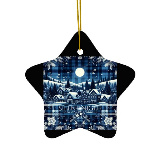 flannel silent night blue and white christmas Ceramic Ornaments