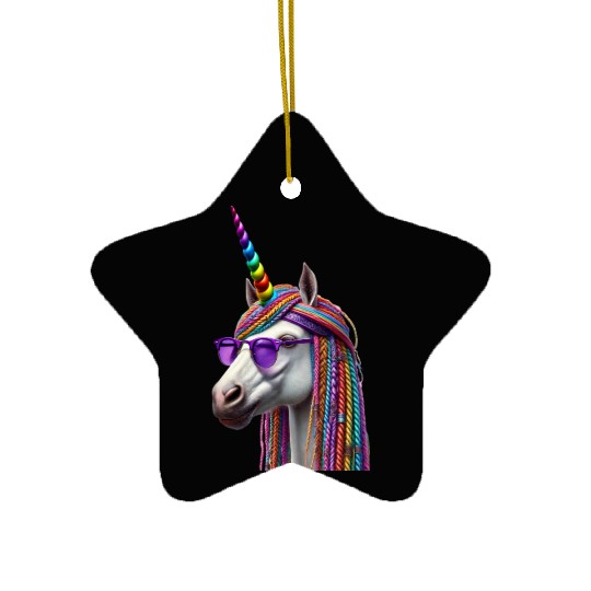 Rainbow Unicorn with Braids and Sunglasses Swag Ceramic Ornaments