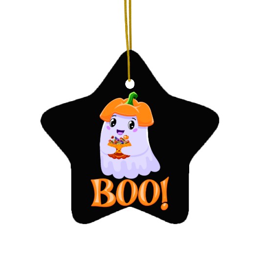 Cute Girl Ghost Boo! with Sweets Pumpkin Halloween Ceramic Ornaments