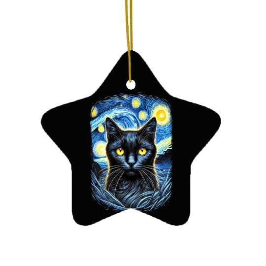 Funny Starry Night Black Cat Van Gogh Art Cat Ceramic Ornaments