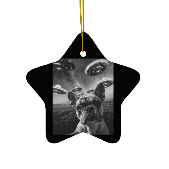 Funny French Bulldog Dog Selfie with UFOs Alien Ceramic Ornaments