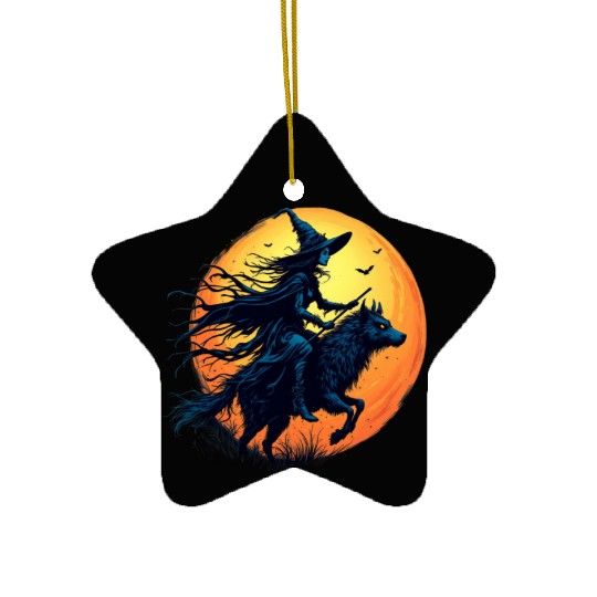 Halloween Witch Riding a Wolf Under Full Moon Ceramic Ornaments