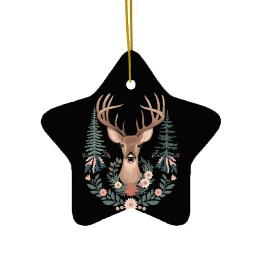 Cottagecore Deer with Floral Wreath and Evergreen Ceramic Ornaments