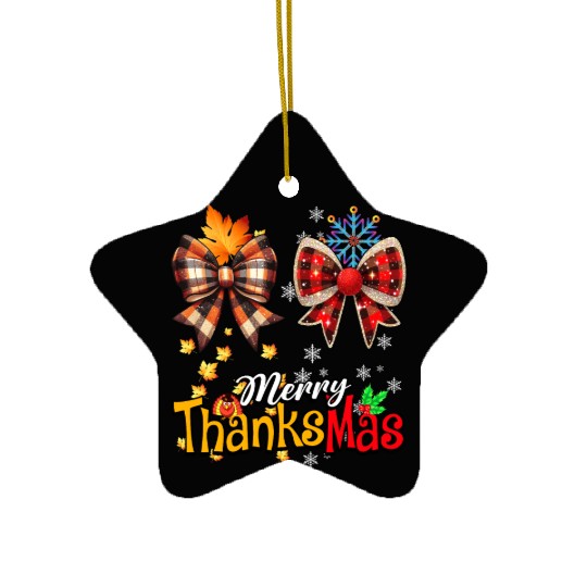 Merry Thanksmas plaid Coquette Bow Christmas Plaid Ceramic Ornaments