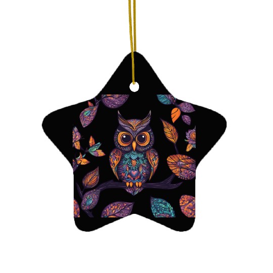 Halloween Owl Alebrije and Leaves Ceramic Ornaments