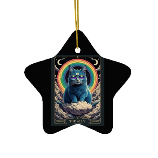 tarot card the alley blue cat rainbow sunglasses Ceramic Ornaments