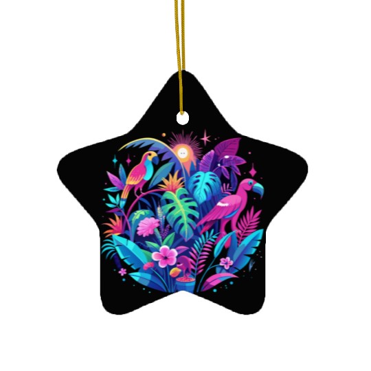 Neon Tropical Jungle at Night – Bright Pink Leaves Ceramic Ornaments