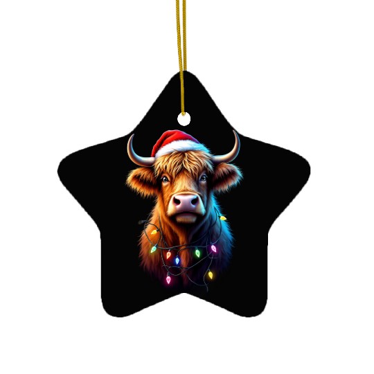 Scottish Highland Cow With Xmas Lights Ceramic Ornaments