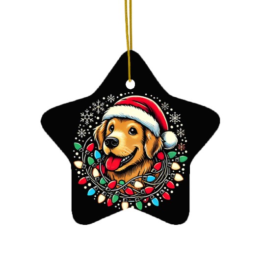 Golden Retriever with Santa Hat & Christmas Ceramic Ornaments