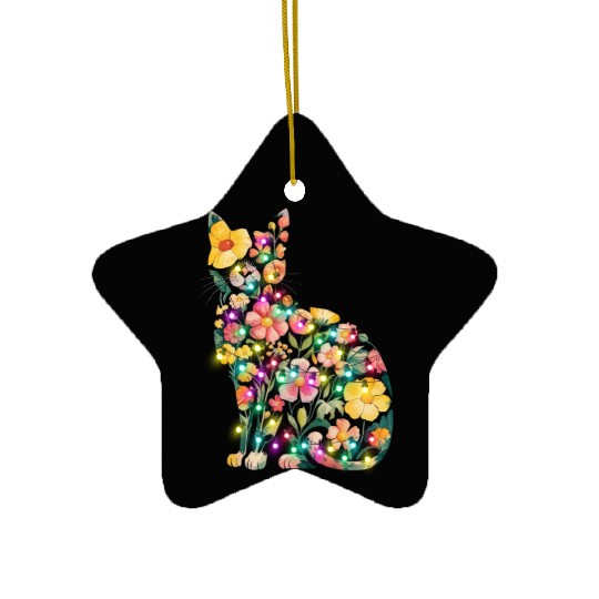 Floral Cat Silhouette nature santa christmas light Ceramic Ornaments