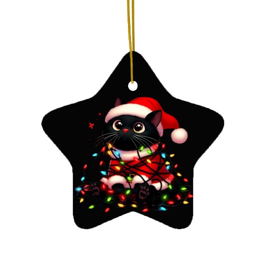 Christmas Kitty Tangled in Holiday Lights Ceramic Ornaments