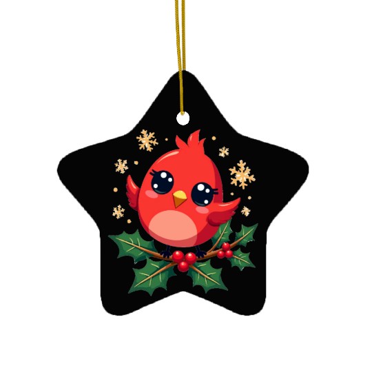 Elegant Christmas Cardinal on Holly Branch Ceramic Ornaments