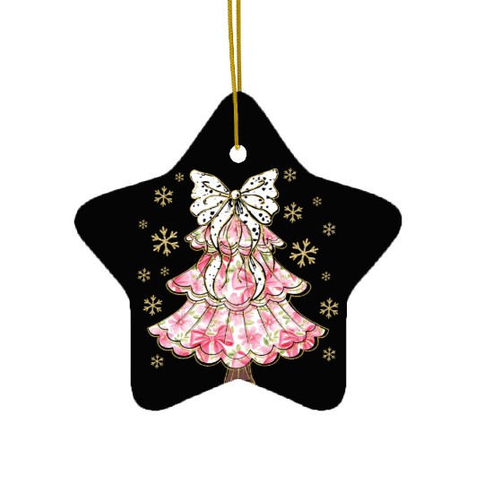 Preppy Pink Coquette Bow Xmas Tree Ceramic Ornaments