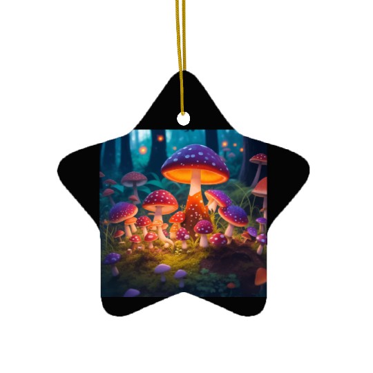 mushrooms in grass Ceramic Ornaments