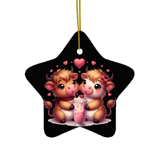 Cute Cartoon Valentines Highland Cow Ceramic Ornaments
