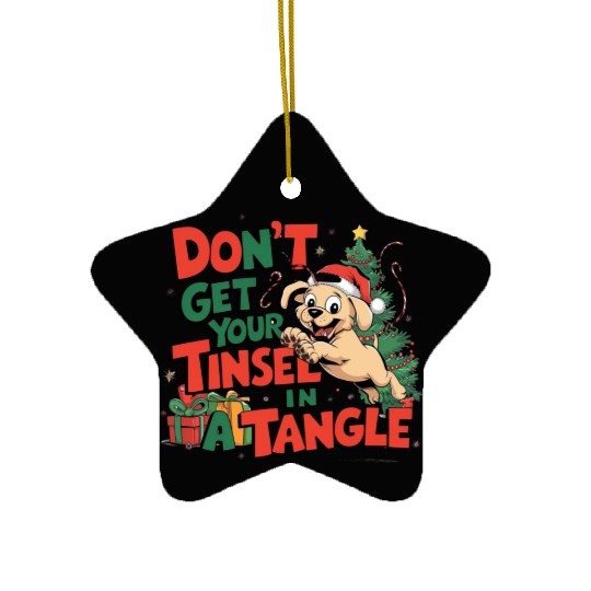 Puppy Tinsel in a Tangle Ceramic Ornaments