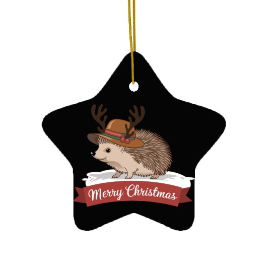 Happy Hedgehog Merry Christmas Deer Antler Hat Ceramic Ornaments